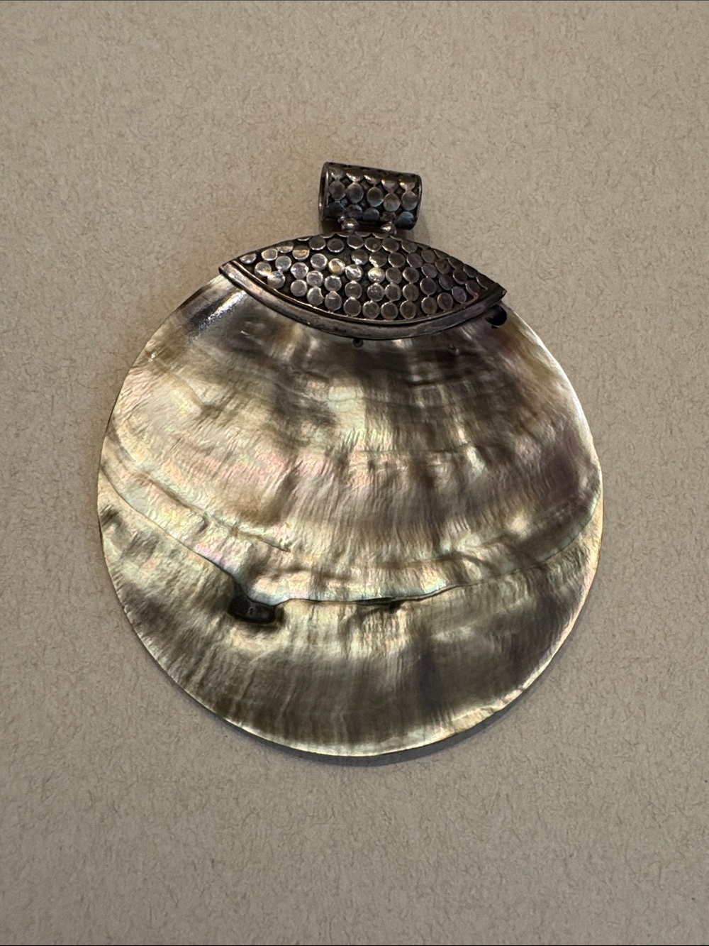 .925 Iridescent Mother-of-Pearl Pendant with Hammered Bail - Silver browns
